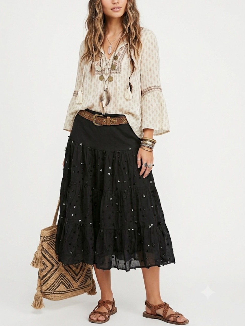 Black Sequin Tiered Midi Skirt Drop Waist Bohemian Gypsy Y2K Size Small